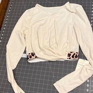 Fabletics  Cream Long-Sleeve Cropped Top with Leopard Hem